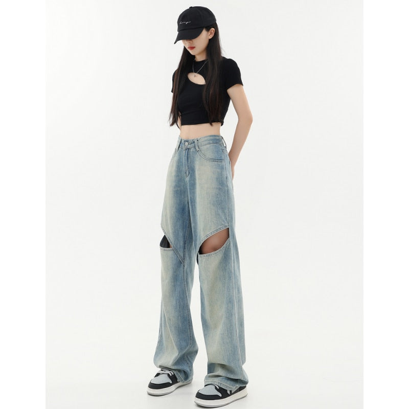 yipinpay Jeans Women Y2K Style High Waist American Hollow Out Wide Leg Pants Fashion Hip Hop Vintage Straight Summer Female Trouser