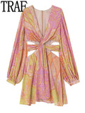 Yipinpay Print Cut Out Dress Woman Short Chiffon Dress Women 2023 Slit Boho Long Puff Sleeve Summer Dresses Beach Sexy Party Dresses