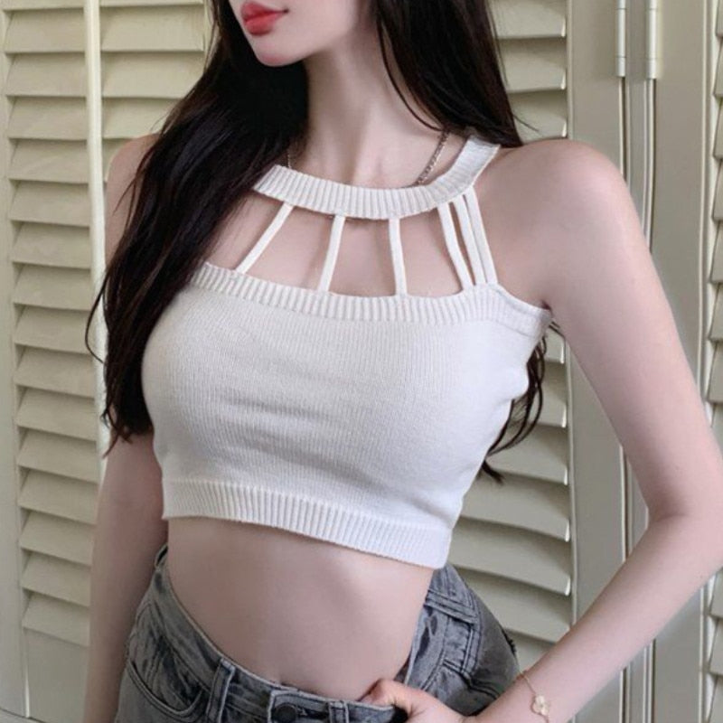 Yipinpay Women Knit Vest Crop Tops Sexy Sleeveless Crew Neck Hollowed Solid Slim Fit Summer Club Party Tops y2k Clothes
