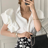 Yipinpay Black Shirts Women Camisa Feminina Blusas Single Breasted Palace Style Puff Tops Lantern Short Sleeve Blouse Summer Shirt