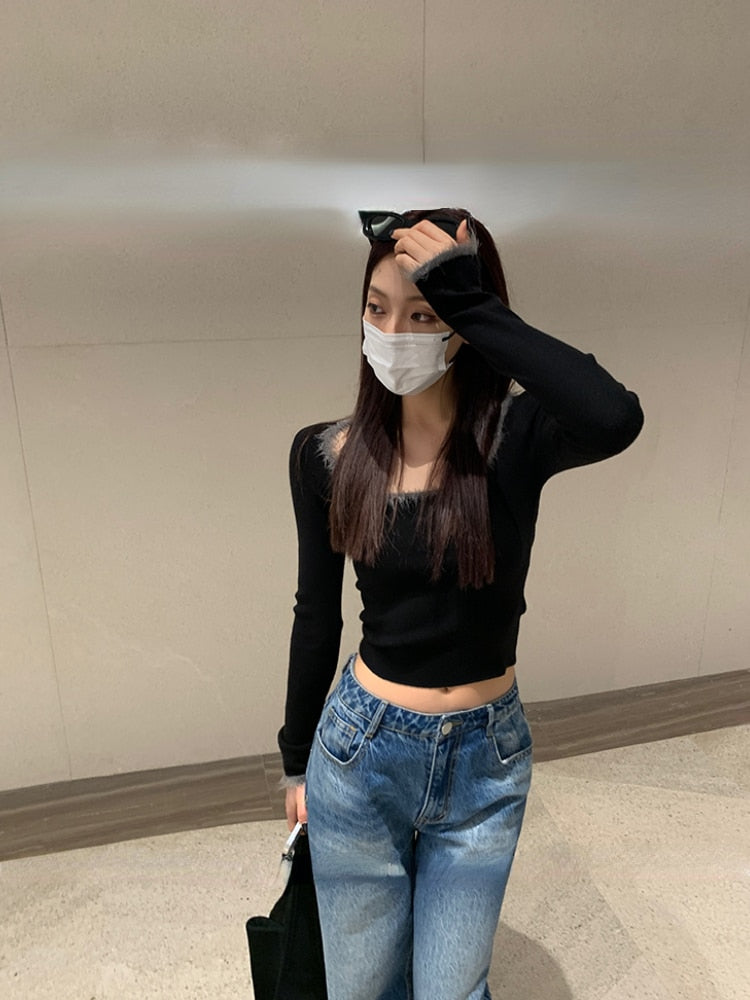 Yipinpay Slim Crop Tops Woman Casual Korean Style Pullover Pure Color 2023 Autumn Long Sleeve Knitted Short T-shirt Female Thin