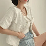 Yipinpay Femininas O Neck Short Sleeve Blue Tweed Jacket Cropped Cardigan Tops Suit Summer Plaid Shirt Women Casual Coat Korean