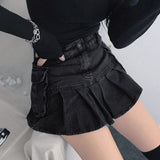 Yipinpay Punk Black Denim Mini Skirt Pleated Women Sexy Grunge High Waisted Pocket Patchwork A-line Jean Skirt E Girl Streetwear