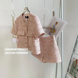 Yipinpay Sets 2 Piece Sets Womens Outifits O Neck Pink Tweed Jacket Femme Crop Cardigan Tops Korean Coat Short Pant Suit
