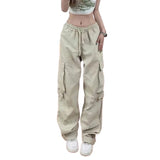 yipinpay Y2K White Vintage Cargo Jeans Fashion Pocket High Waist Straight Pants High Street Baggy Wide Leg Denim Trouser Ladies