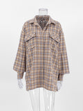 Yipinpay Khaki Shacket Oversized Shirts Womens Dropped Shoulder Plaid Blouses Outwear Street Style Pockets Casual Tops 2023