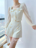 Yipinpay Leg Shorts Sets Two Piece Sets Womens Outifits Square Puff Long Sleeve Perspective Shirt Office Lady Blouse Tops Slim