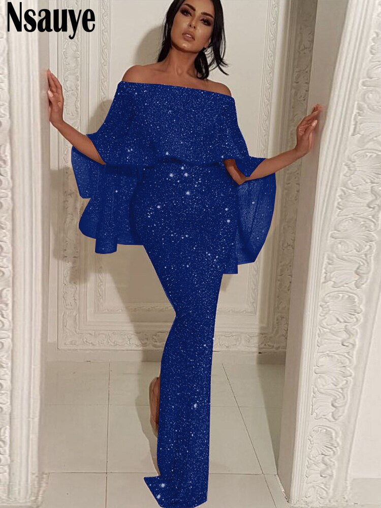 yipinpay 2023 Bling Glitter Elegant Party Evening Maxi Dress Y2K Bodycon Sexy Women Summer Off Shoulder Ruffles Solid Long Dresses