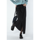 yipinpay Women Black Denim Half Body Skirt Split Fork High Waist Casual Korean Fashion Mid Length Bottoms Baggy Vintage Female Long Skirt