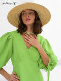 Yipinpay Green Elegant A-Line Dress Lace-Up Women V-Neck Cotton Linen Dress Puff Sleeve Office Ladies Classy Dress Chic 2023