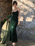 Yipinpay sequin midi dress women elegant v-neck Mermaid formal occasion dress summer vintage casual slim evening party slip dress