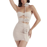 Yipinpay Women Vintage Bandeau Bodycon Solid Color Hollow-Out Strapless Wrap Party Club Mini Skinny Dress with Flower Choker