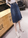 Yipinpay Vintage Denim Skirt Drawstring High Elastic Waist Pockets Streetwear Midi Jeans Skirts Women Oversized Split Bottoms