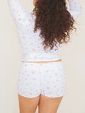 Yipinpay Women's Y2K Kawaii 2Piece Lounge Set Long Sleeve Crewneck Tops Solid Color/Floral Low Waist Shorts Sleepwear Suits