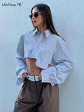 Yipinpay Streetwear Sexy Crop Top Women Autumn 2023 Irregular Pockets Lapel Cropped Shirts Long Sleeve All-Match Casual Tops