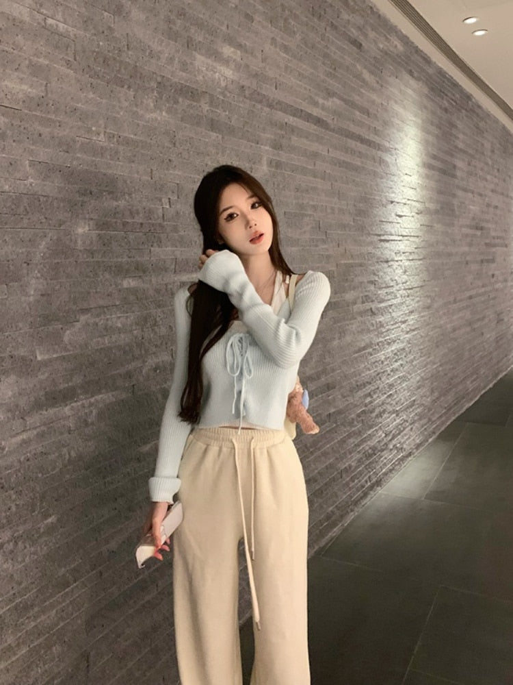 Yipinpay Color Fake Two Pullover Korean Style Y2k Crop Tops Woman Slim Causal Long Sleeve Knitted Sweater Clothing 2023 Spring Chic