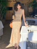 Yipinpay sequin midi dress women elegant v-neck Mermaid formal occasion dress summer vintage casual slim evening party slip dress
