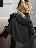 Yipinpay Korean Style Midi Skirt Women Fashion Casual Retro Black Pleated Skirts for Womens Irregular Stylish Elegant Faldas