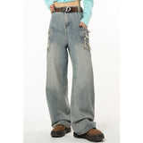 yipinpay Blue High Waist Women Jeans American Fashion Streetwear Wide Leg Jean Female Winter Trouser Straight Baggy Denim Pants