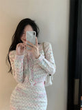 Yipinpay Cropped Rainbow Cardigan Tweed Jacket Korean Chic Fall Wrap Hip Skirt Sets 2 Piece Sets