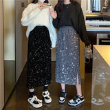 Yipinpay Wild High Waist Slim Black Sequins Skirt Women A Line Long Faldas Largas Y2k Skirts Grey Spring New