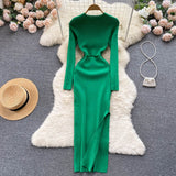 yipinpay Slit Maxi Dress O Neck Knitted Dress Y2k 2023 Autumn Winter Long Sleeve Sweater Dress Hollow Out Bodycon Dresses for Women