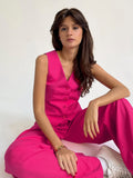Yipinpay Pink Elegant Blazer 2 Pieces Sets High Waist Wide Leg Pants Suits Button Vest Outfit Office Ladies Women Summer 2023