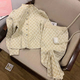 Yipinpay Two Piece Sets Women Stand Collar Crop Top Jacquard Diamond Plaid Shirt Embroidered Skirt Vintage A Line Y2k Korean