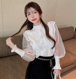 Yipinpay Long Sleeve Stand Black Chiffon Shirts Short Slim Vintage Blusas Mujer Patchwork Blouse White Mesh Dot Polka Knitted Top