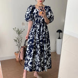 Yipinpay Square Blue Ink Dress Women Backless Lace Up Vintage Maxi Dresses Vestidos De Mujer Elegant Lantern Short Sleeve Print