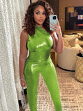 Yipinpay Slant Shoulder Sleeveless Neon Green Jumpsuits Women Slim Pencil Pants One Piece Rompers 2023 Spring Fall Party Clothes