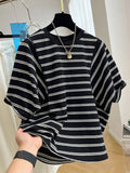 Yipinpay T Shirts Cotton Half Sleeve Top Loose Bat Stripe Short Sleeve T-shirts Casual Tshirt Summer Black T Shirt Y2k Tees