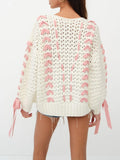 Yipinpay Women Y2K Kawaii Knitted Long Sleeve Crew Neck Hollowed Contrast Color Loose Pullovers Warm Sweater for Fall Winter
