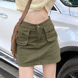 Yipinpay Vintage Y2k Green Cargo Skirt Women Retro Streetwear 90s Pocket Patchwork High Waist A-line Denim Mini Skirt Korean