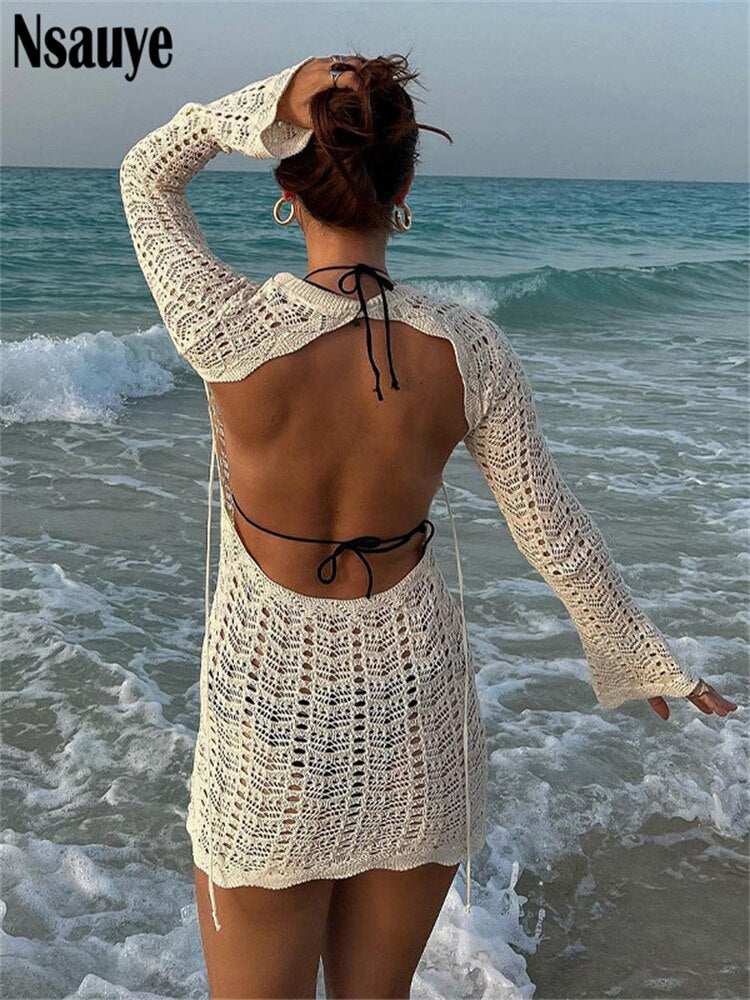 yipinpay Long Sleeve Blue Hollow Out Knitted Summer Women Club Dress Bodycon O Neck Backless Party Fashion Mini Sweater Dresses