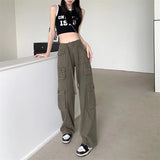 Yipinpay Baggy Pockets Cargo Pants For Women Y2k Summer Korean Straight Oversize Trousers Aesthetic Wide Leg Jeans Female Clothes