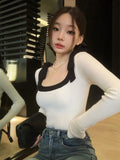 Yipinpay Vintage Bow Bandage Top French Style Sueter Mujer Jersey Square Collar Sweaters Crop Spring New Black Sweater White Shirts