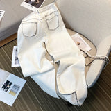 Yipinpay Waist Baggy Jeans for Women 2023 Fashion Straight Wide Leg Pants Black Side White Denim Trousers Y2k Streetwear Female