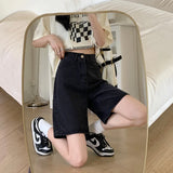 Yipinpay High Waisted Black Shorts Jeans Women Y2k Summer Female Vintage Blue Straight Denim Short Korean Casual Knee Length Pants