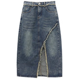 Yipinpay Women Denim Maxi Skirts Y2k Fashion High Waisted Blue Vent Raw Edge Korean Version Washing Casual Wrap Buttock Jean Skirt