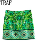 Yipinpay 2023 Green Mini Skirts For Women High Waist Skirt Woman Vintage Print Short Skirts Woman Fashion Boho Summer Beach Skirt