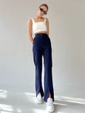 Yipinpay Classy Split Long Pants Women Fashion High Waist Zip Pants Ladies Boot Cut Navy Blue Pencil Trousers High Street