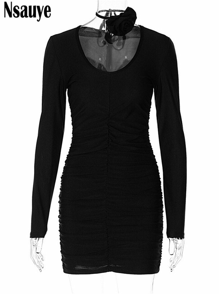 yipinpay Long Sleeve 2023 Winter Clothing Women Mini Wrap Sexy Club Fashion Dress V Neck Black Holiday Evening Party Elegant Dress