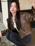 Yipinpay Cropped Leather Jacket Women Streetwear Moto Biker Zipper Leather Jacket Winter Punk Vintage Casual Blazer Leather Coat