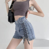 Yipinpay Jeans Shorts For Women's Summer Slim Fit Frenulum Ornament Korean Style High Waist Blue Streetwear Y2k Fashion Denim Shorts