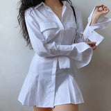 Yipinpay Casual Dress Shirt Women Elegant Turn-down Collar Long Sleeve High Waist Basic White Mini Dress Sexy Outfits for Woman