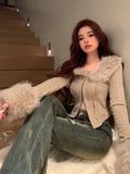 Yipinpay Collar Grey Cropped Cardigan Sleeve V Neck Sexy Sweaters Sueter Tops Pull Knitted Sweater Jacket Chic Retro
