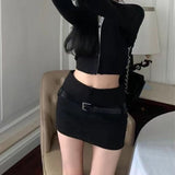 Yipinpay Sexy Black Mini Skirt with Shorts 2023 Fashion Women Trending Low Waist Belt Patchwork Slim Pencil Mini Skirt Y2k Skort