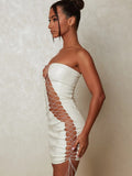 Yipinpay PU Hollow Sexy Sleeveless Dresses For Women 2023 Wrap Chest Lace Mini Skirt Nightclub Fashion Woman Party Tight Dress