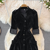 Yipinpay Vintage Maxi Pocket Single-Breasted Black Velvet Dress for Women Long Vestidos Mujer Party Autumn Winter Clothes A Line Robe